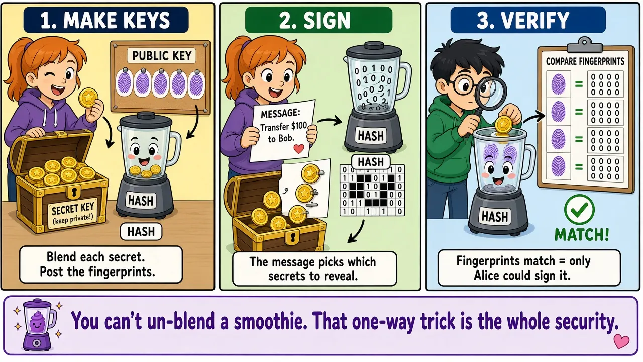 Cartoon: how a hash-based signature works